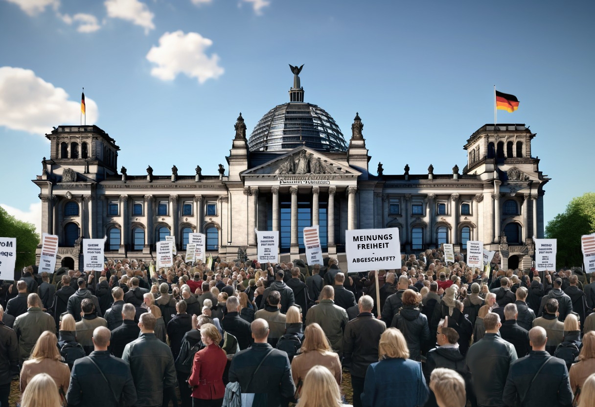 Eine große Menschenmenge demonstriert vor dem Reichstagsgebäude in Berlin. Viele tragen Schilder mit Parolen wie ‚Meinungsfreiheit abgeschafft?‘. Im Hintergrund wehen zwei deutsche Flaggen, und die Kuppel des Reichstags ist sichtbar. Die Demonstration wirkt geordnet, thematisiert jedoch eine vermeintliche Einschränkung der Meinungsfreiheit. Die Szenerie hebt die politische Symbolik und den ironischen Kontext der Aussage hervor.